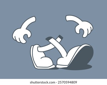 Stylized cartoon gloves and shoes with dynamic poses on a gray background. Creative design concept for animation, comics, or graphic elements. Vector illustration