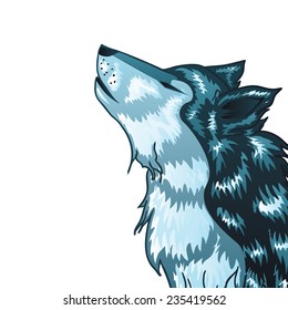 Stylized cartoon gray wolf head, howling wolf.