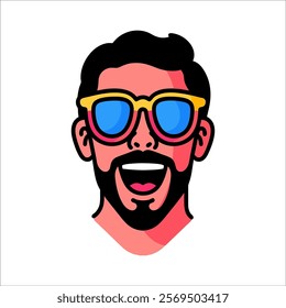 Stylized cartoon of a happy man with a beard and colorful sunglasses, expressing excitement and positivity.