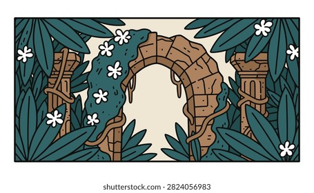 Stylized cartoon illustration of an ancient stone archway hidden in a lush green jungle with white tropical flowers.