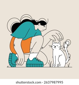 A stylized cartoon illustration featuring a girl in a squatting pose interacting with a cute, fluffy white cat. A clean, modern pet friendly concept design.