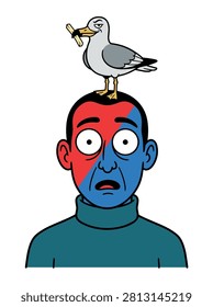 A stylized cartoon illustration featuring a seagull perched on top of a man's head, holding a french fry in its beak