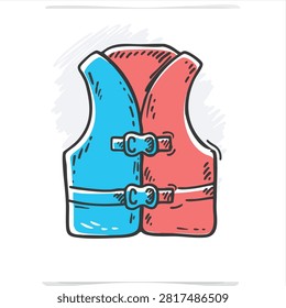 A stylized cartoon illustration of a red and blue life vest featuring buckles for water sports safety and aquatic recreation