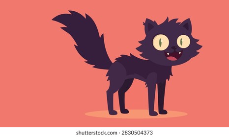 A stylized cartoon illustration of a scruffy black cat with large yellow eyes and a fluffy tail standing against a solid reddish pink background.