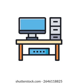 Stylized cartoon illustration showcasing a computer desk with drawers, monitor, and shelf. Flat vector design with clean lines and simple shapes.