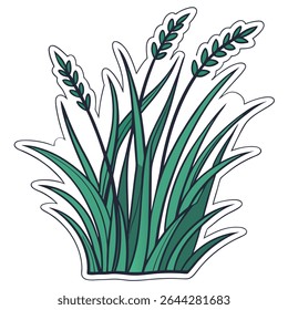 Stylized cartoon illustration shows a vibrant clump of grass, featuring prominent green blades and several leafy stems with white outline, set against a plain background.