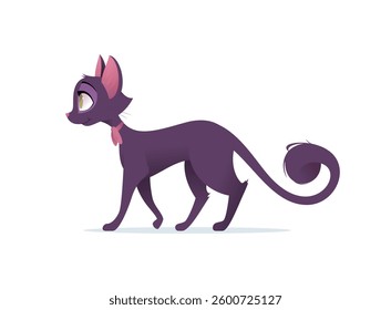 Stylized cartoon illustration of a sleek black cat with pink ears and a bow. The feline has a playful, elegant stance and a curled tail. Perfect for pet-related designs, prints, and animations