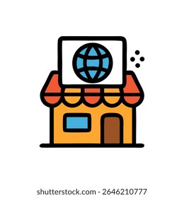 Ilustração estilizada de desenho animado de um pequeno prédio comercial com um globo mundial exibido proeminentemente acima de seu toldo.