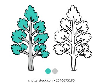 Stylized cartoon illustration of a tree with teal leaves and a grey trunk, presented both colored and as an outline for coloring. Ideal for kids' educational activities.