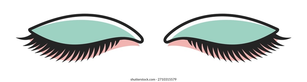Una ilustración estilizada de dibujos animados de dos ojos cerrados con vibrante sombra de ojos verde azulado y pestañas largas y oscuras.