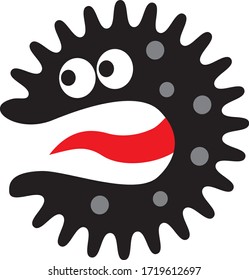 A stylized cartoon image of the 2019-ncov coronavirus molecule in the form of a predator with eyes and a red tongue. Vector art graphic.