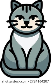 Uma imagem estilizada de desenho animado apresenta um simples gato cinza com uma expressão doce e focada.
