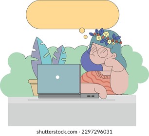 Stylized cartoon image of a girl at a computer. Work. Vector graphics.