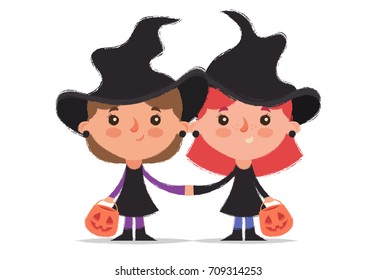Stylized Cartoon Kids. Two Girls in Halloween Witch Costumes. Vector Illustration