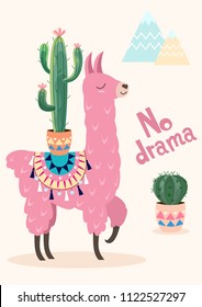 Stylized cartoon lama with ornament design and cactus. Vector card, poster.