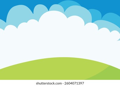 Stylized Cartoon Landscape with Cloud and Green Hill
