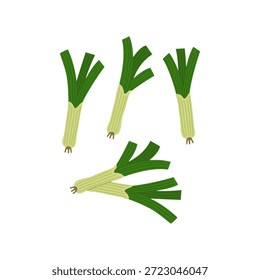 Alho-porro estilizado com raízes visíveis, caules brancos e topos verdes. Ideal para visuais em legumes, culinária, jardinagem, nutrição e educação de fazenda para a mesa em conteúdo relacionado à alimentação.