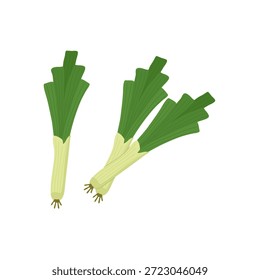 Alho-porro estilizado com raízes visíveis, caules brancos e topos verdes. Ideal para visuais em legumes, culinária, jardinagem, nutrição e educação de fazenda para a mesa em conteúdo relacionado à alimentação.