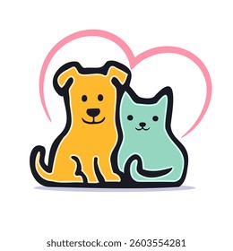 stylized cartoon logo of a yellow dog and a teal cat, outlined in black, pink heart shape companionship
