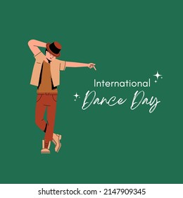 stylized cartoon man graphic vector illustration, dancing, text. top view, perfect for backgrounds, dance studios, social media and celebrating world dance day