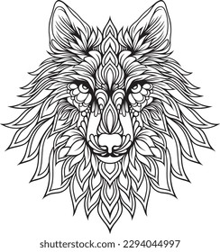 Stylized cartoon mandala wolf. Highly detailed, print, engraving, decor element, line art for coloring book pages