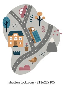 Stylized cartoon map of the city. Hand-drawn cute landscape. Truck, house, car, tree. Vector illustration for room decor, poster, T-shirt print