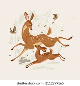 Stylized cartoon mom deer and baby deer with birds and bunny. Vector illustration