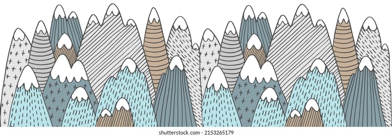 Stylized cartoon mountains. Kid nursery mural wallpaper. Vector hand drawn illustrations