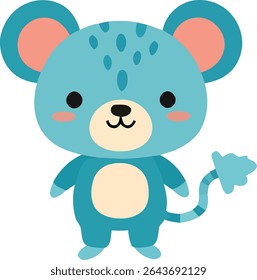 Um rato estilizado de desenho animado com pele azul, orelhas e bochechas internas cor-de-rosa, cauda segmentada e barriga de cor creme, em pé.