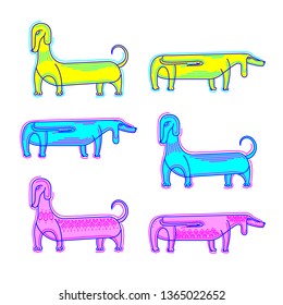 stylized cartoon outline dachshunds in bright neon colors