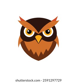  a stylized cartoon owl head with bold, angular eyebrows, large expressive eyes, and a mixture of brown and orange feathers, giving it a fierce yet charming look.