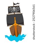 Stylized cartoon pirate ship illustration with black sails. Cute vector icon. Pirate Ship sailing on water