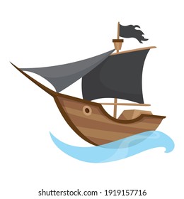 Stylized cartoon pirate ship illustration with black sails. Cute vector drawing. Pirate Ship sailing on water