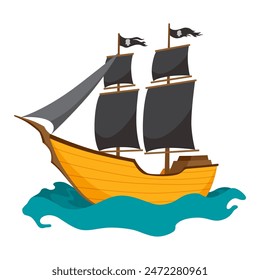 Stylized cartoon pirate ship illustration with black sails. Cute vector icon. Pirate Ship sailing on water