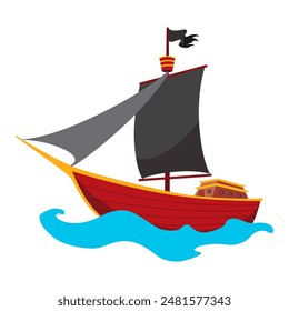 Stylized cartoon pirate ship illustration with black sails. Cute vector icon. Pirate Ship sailing on water