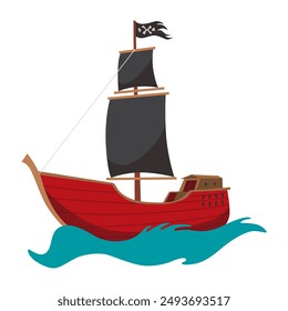 Stylized cartoon pirate ship illustration with black sails. Cute vector icon. Pirate Ship sailing on water