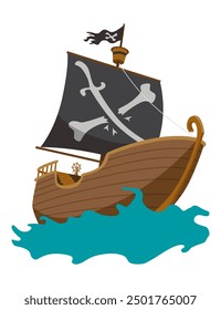 Stylized cartoon pirate ship illustration with black sails. Cute vector icon. Pirate Ship sailing on water