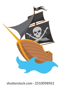 Stylized cartoon pirate ship illustration with Jolly Roger and black sails. Cute vector icon. Pirate Ship sailing on water