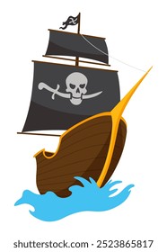 Stylized cartoon pirate ship illustration with Jolly Roger and black sails. Cute vector icon. Pirate Ship sailing on water