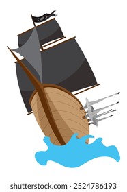 Stylized cartoon pirate ship illustration with black sails. Cute vector icon. Pirate Ship sailing on water