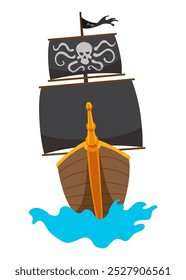 Stylized cartoon pirate ship illustration with black sails. Cute vector icon. Pirate Ship sailing on water