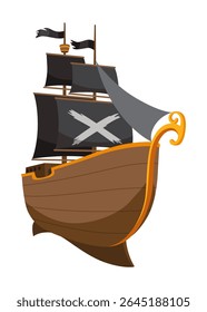 Stylized cartoon pirate ship illustration with black sails. Cute vector icon. Pirate Ship sailing on water