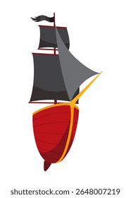 Stylized cartoon pirate ship illustration with black sails. Cute vector icon. Pirate Ship sailing on water