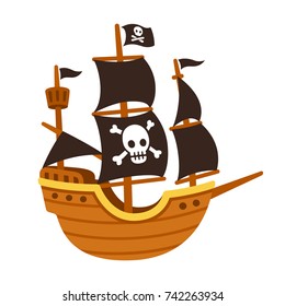 Stylized cartoon pirate ship illustration with Jolly Roger and black sails. Cute vector drawing.