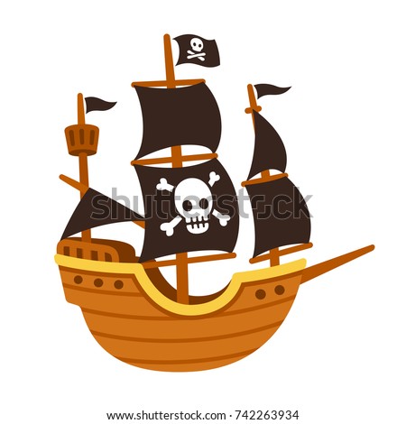 Stylized cartoon pirate ship illustration with Jolly Roger and black sails. Cute vector drawing.