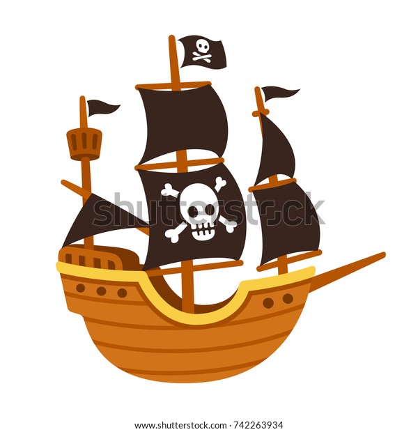 ジョリーロジャーと黒い帆を持つ 様式化されたアニメの海賊船のイラスト かわいいベクター画像 のベクター画像素材 ロイヤリティフリー