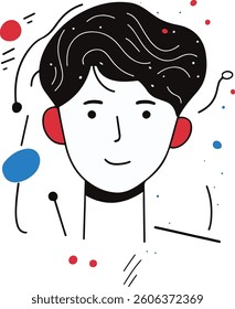 A stylized cartoon portrait of a person with black hair and red ears, surrounded by abstract shapes and lines in red, blue, and black.
