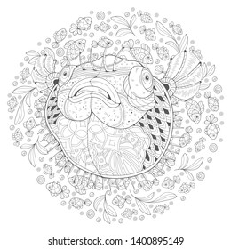 Stylized cartoon puffer fish among small fish on a white background. Hand-drawn sketch for coloring pages. Vector illustration
