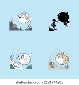  A stylized cartoon pufferfish puffed up in defense, surrounded by tiny bubbles. Perfect for ocean-themed designs, kids' illustrations, and marine life projects