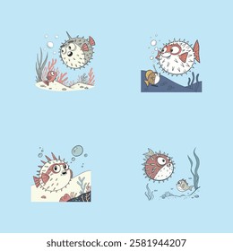  A stylized cartoon pufferfish puffed up in defense, surrounded by tiny bubbles. Perfect for ocean-themed designs, kids' illustrations, and marine life projects